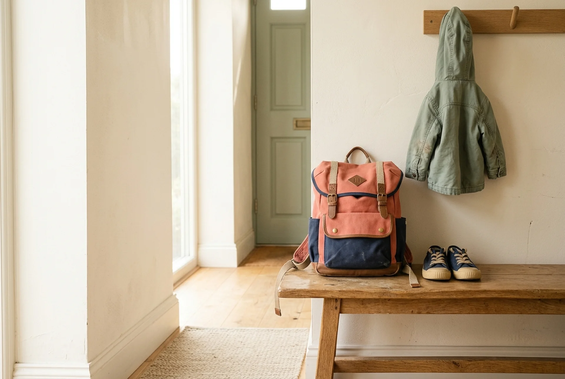 AI-generated illustrative image — A child's backpack and small shoes on an entryway bench at home in the morning light